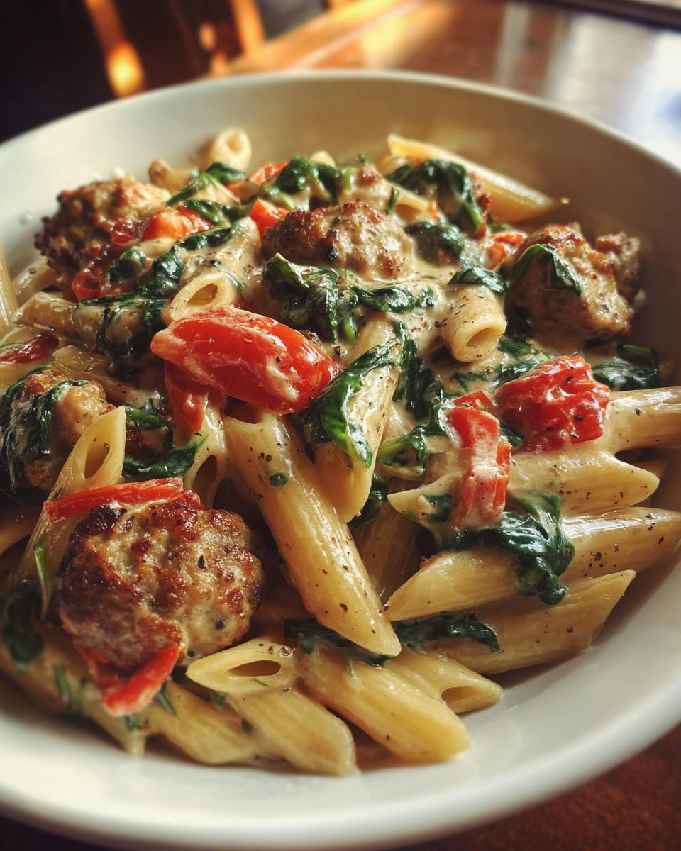 Close-up of a bowl of creamy chicken sausage pasta featuring penne, browned sausage pieces, wilted spinach, and diced tomatoes.