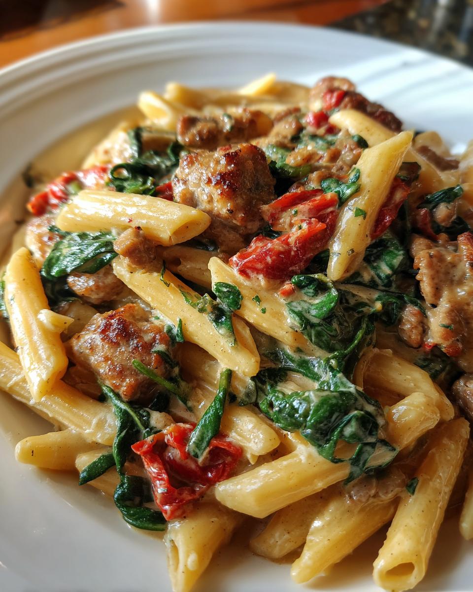 Close-up of creamy chicken sausage pasta featuring penne, browned sausage pieces, wilted spinach, and sun-dried tomatoes.
