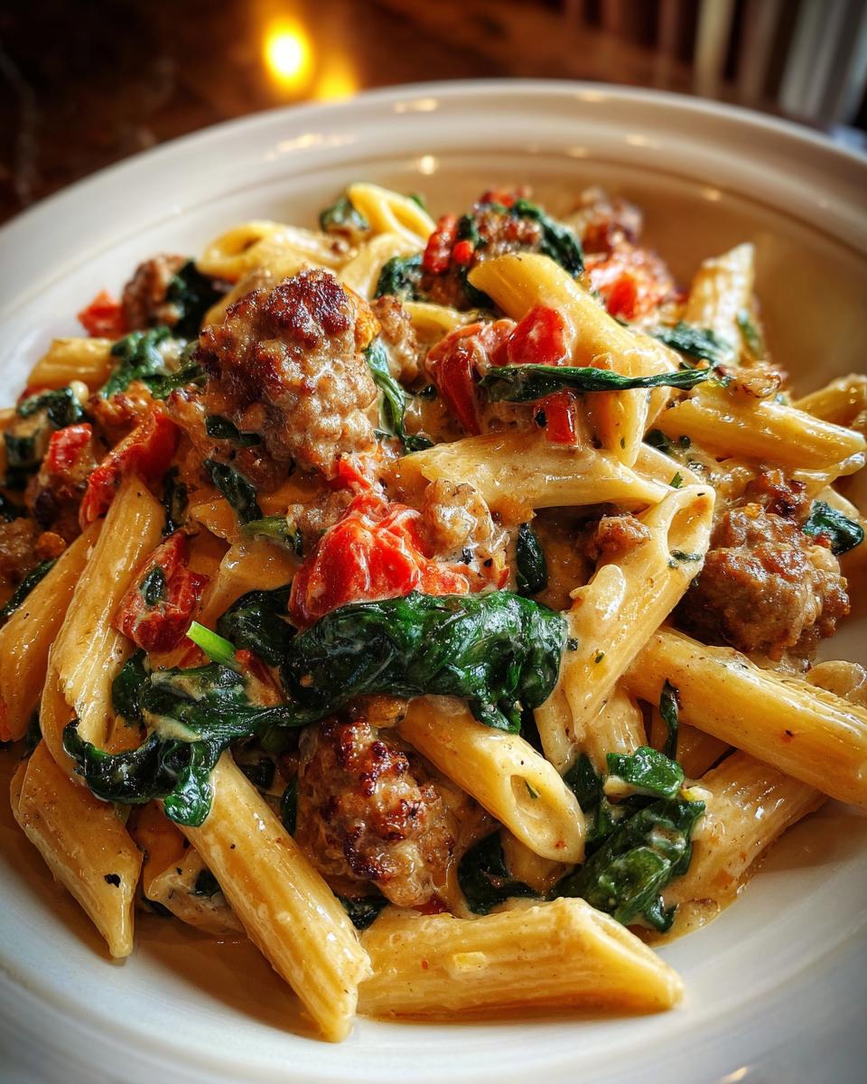 A close-up of a bowl of creamy chicken sausage pasta featuring penne, browned sausage pieces, wilted spinach, and tomatoes.