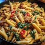 A close-up view of creamy chicken sausage pasta featuring penne, browned sausage pieces, wilted spinach, and tomatoes.