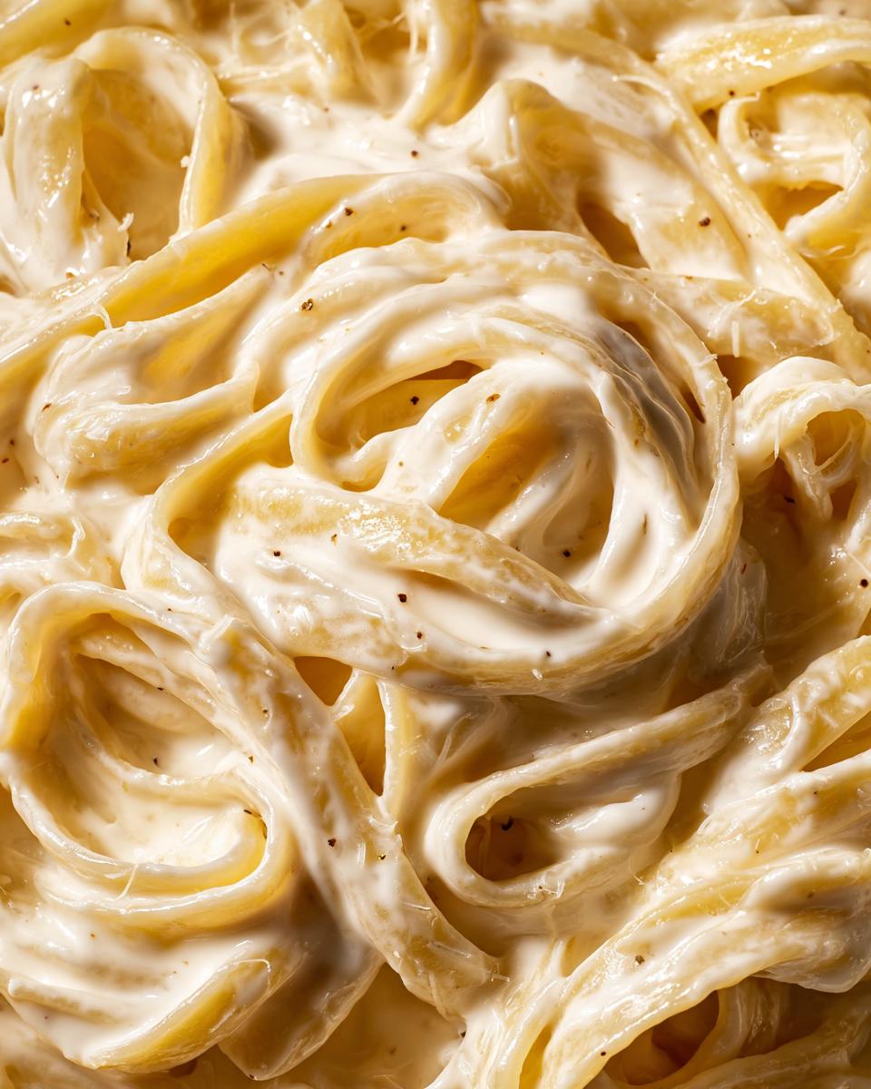 Close-up of fettuccine pasta thoroughly coated in rich, creamy homemade alfredo sauce, seasoned with black pepper.
