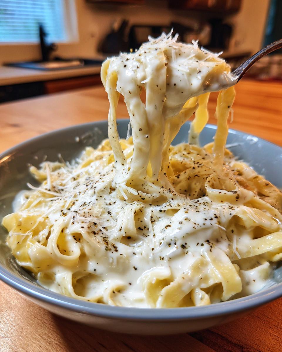 A fork lifting fettuccine coated in rich homemade alfredo sauce, topped with Parmesan and pepper.