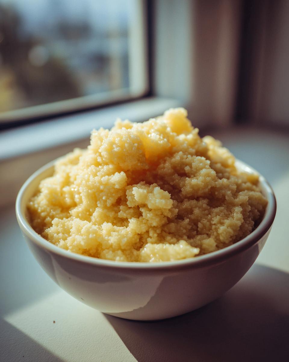 A close-up of a white bowl filled with fluffy, yellow creamy cheese grits, illuminated by natural light near a window.