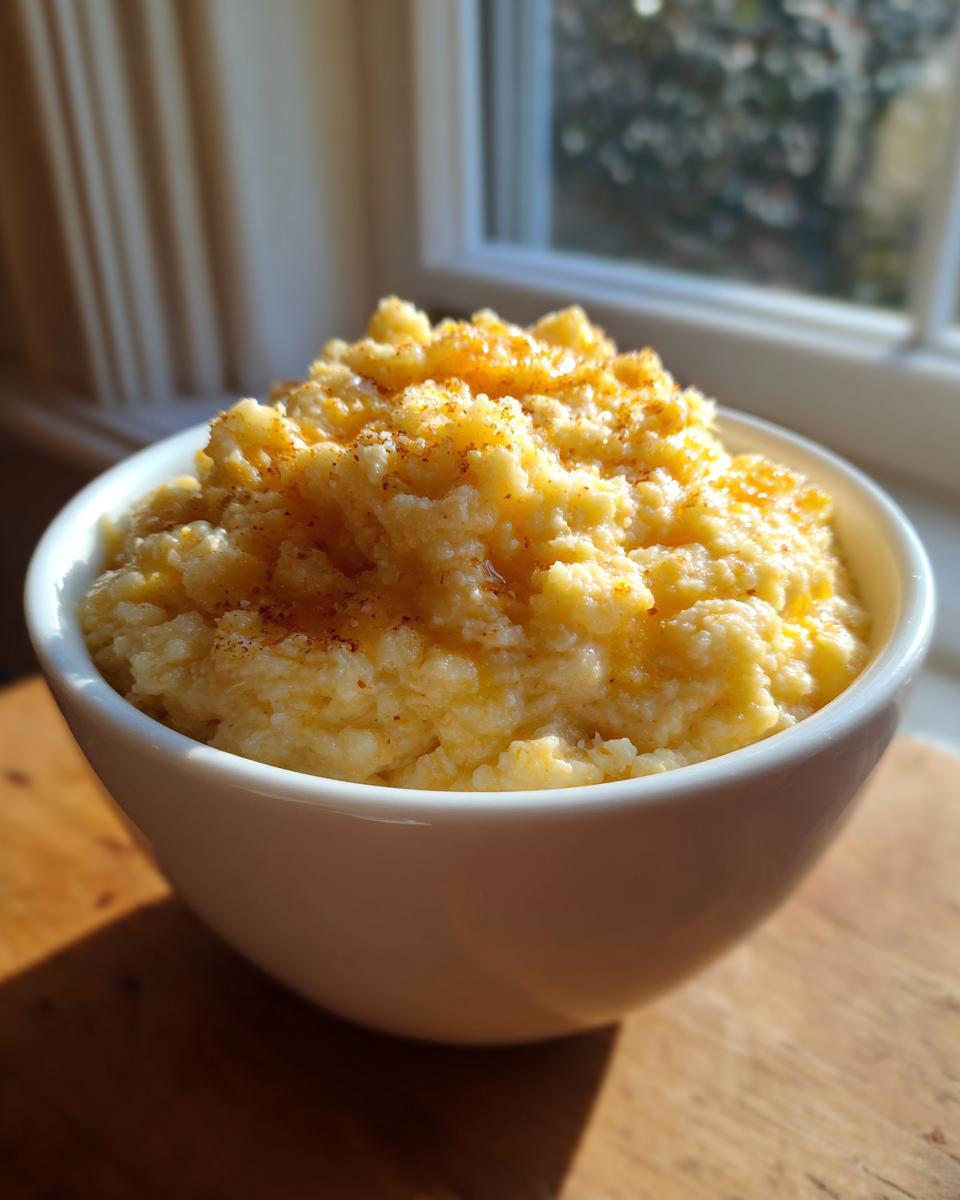 A close-up of creamy Southern cheese grits topped with melted butter and seasoning in a white bowl.