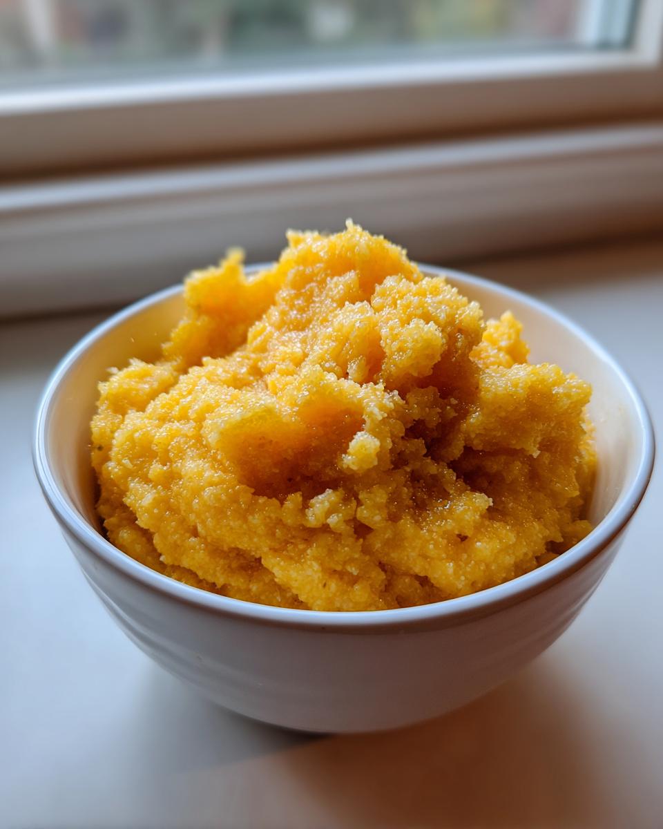 A close-up of a white bowl filled with bright yellow, creamy cheese grits, set near a window.