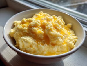 A close-up of a bowl filled with fluffy, creamy cheese grits topped with melted yellow butter.