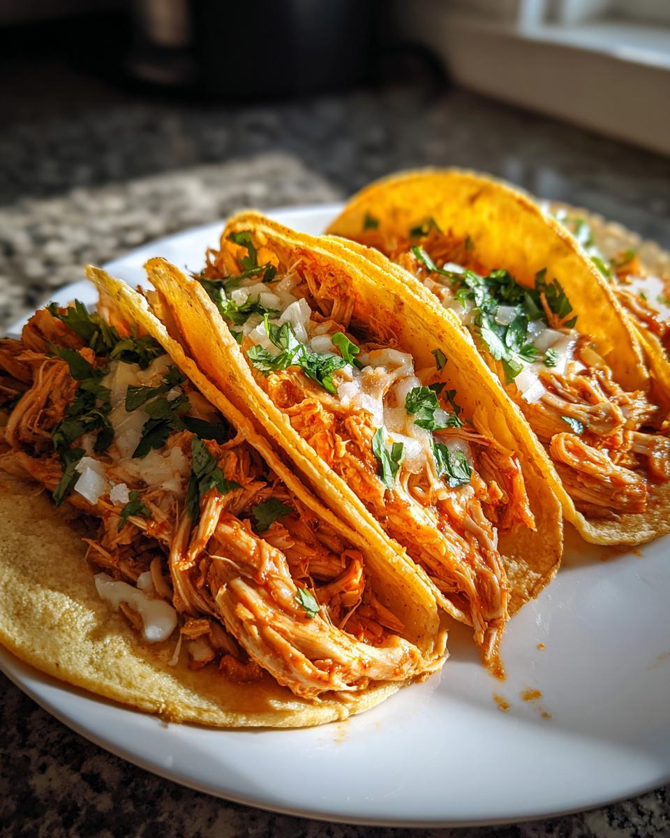 Three crispy corn shell chicken tacos filled with shredded seasoned chicken, topped with white onion and cilantro.