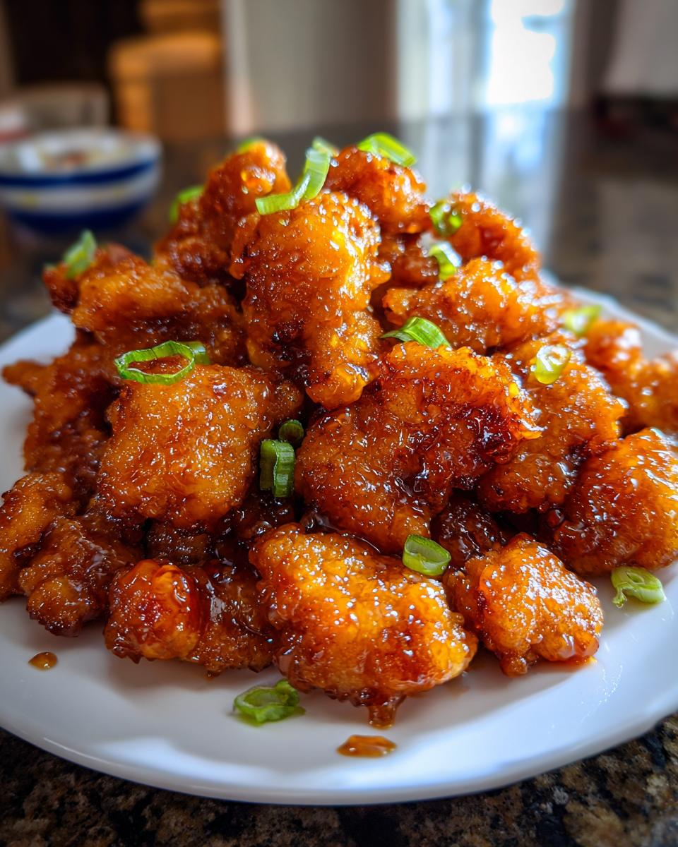 A close-up of crispy, glazed pieces of orange chicken recipe piled high on a white plate and garnished with chopped green onions.