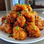 A mound of crispy, glazed orange chicken recipe pieces garnished with sliced green onions on a white plate.