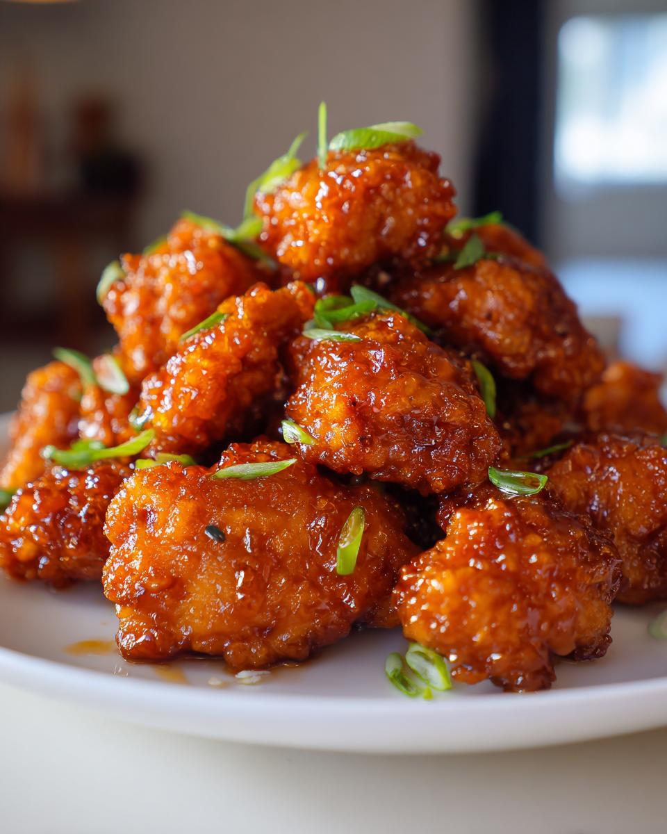 Close-up of crispy, glazed pieces of orange chicken recipe piled on a white plate and garnished with sliced green onions.