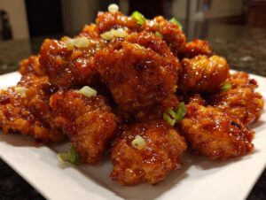 Close-up of crispy pieces of orange chicken recipe coated in a glossy, dark orange sauce and topped with sliced green onions.