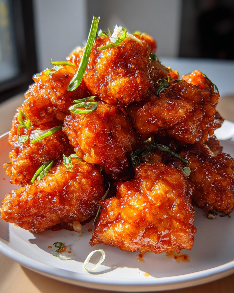 A large pile of crispy, glazed orange chicken pieces garnished with sliced green onions.