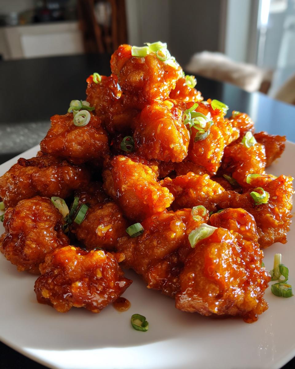 A mound of crispy, glazed orange chicken recipe pieces garnished with sliced green onions on a white plate.