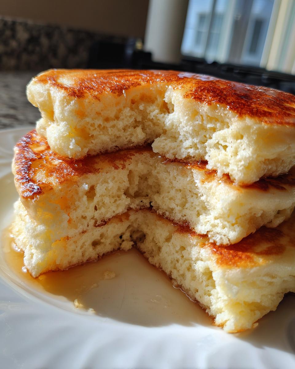 Close-up of a stack of three fluffy pancakes cut open to show the airy interior, drizzled with golden syrup.