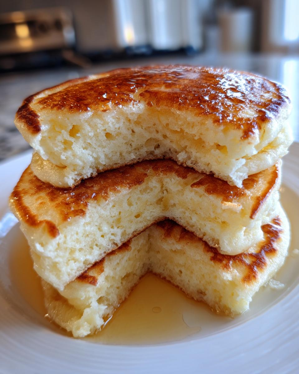Close-up of three incredibly fluffy pancakes stacked, showing the airy interior texture, drizzled with syrup.