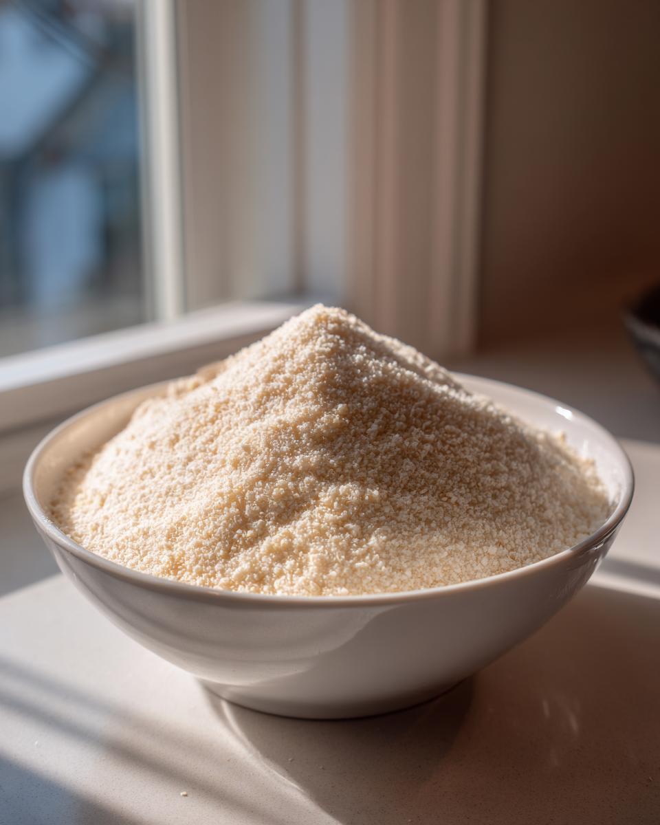 A white bowl filled with a mound of dry corn grits, the essential ingredient for creamy cheese grits, sitting on a counter near a window.