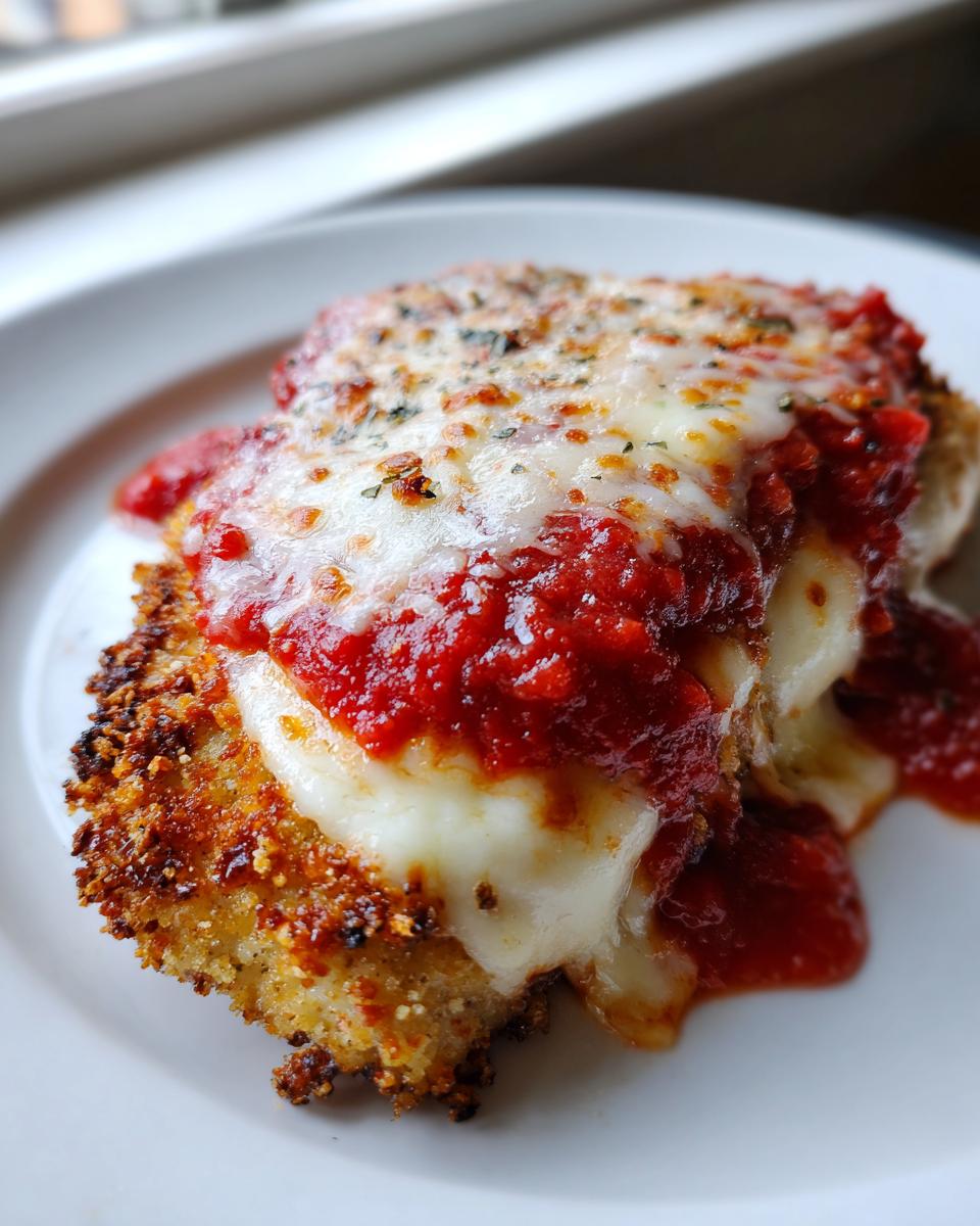 Close-up of a crispy breaded chicken breast topped with melted mozzarella, rich marinara sauce, and herbs for Easy Chicken Parmesan.