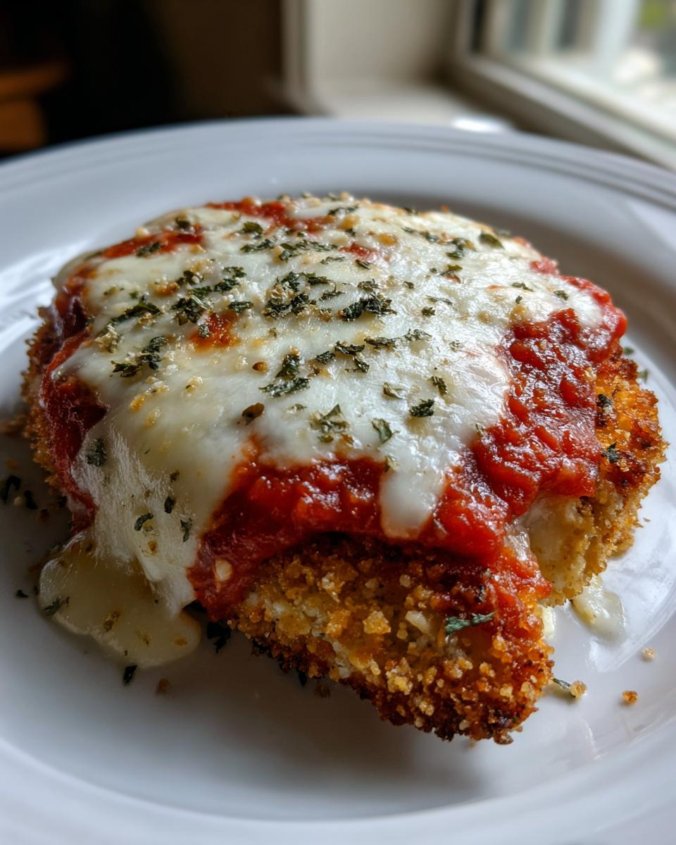 Close-up of a serving of Easy Chicken Parmesan topped with melted mozzarella cheese and marinara sauce.