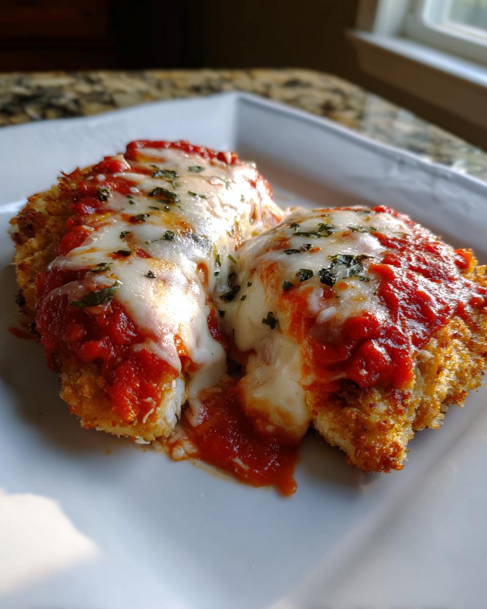 Two portions of Easy Chicken Parmesan covered in melted mozzarella cheese and marinara sauce, garnished with herbs.