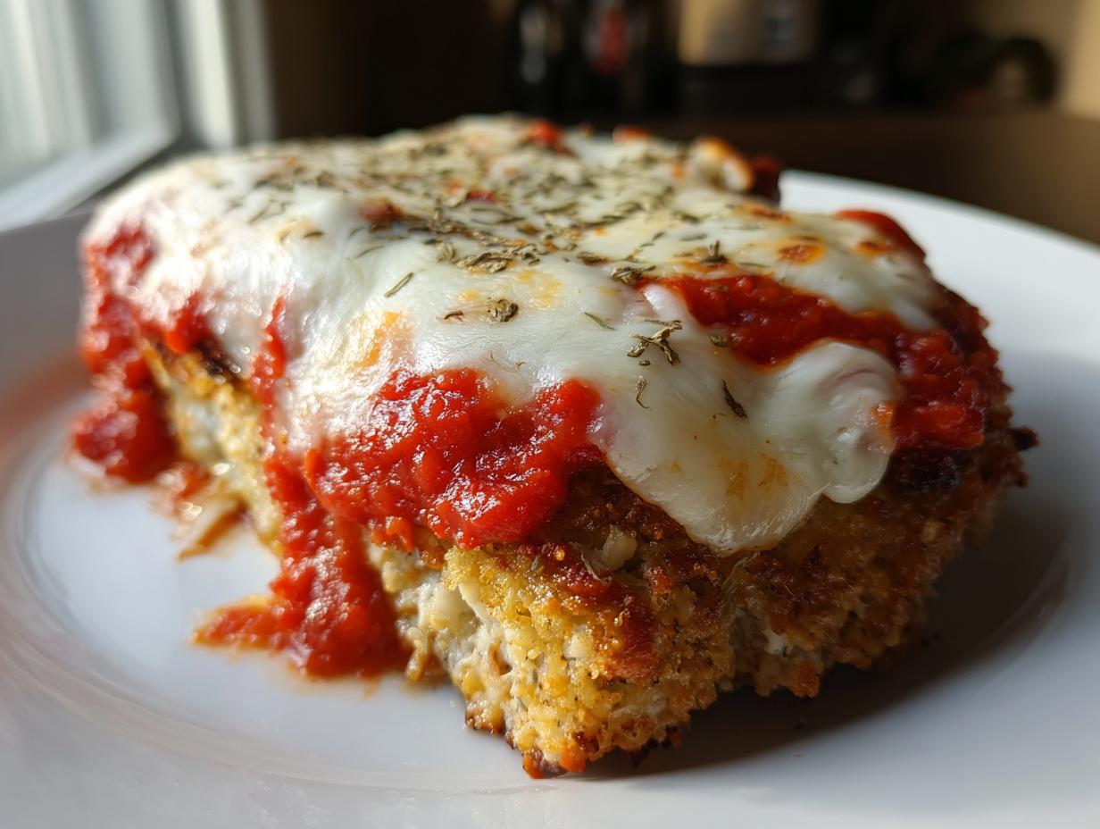 A close-up of a breaded chicken breast topped with bright red marinara sauce and melted mozzarella cheese, representing Easy Chicken Parmesan.