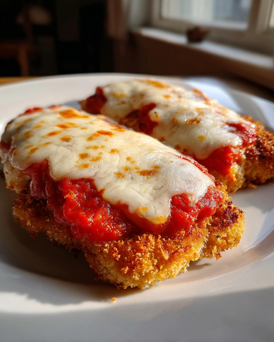 Close-up of two breaded chicken cutlets topped with marinara sauce and melted mozzarella cheese, representing Easy Chicken Parmesan.