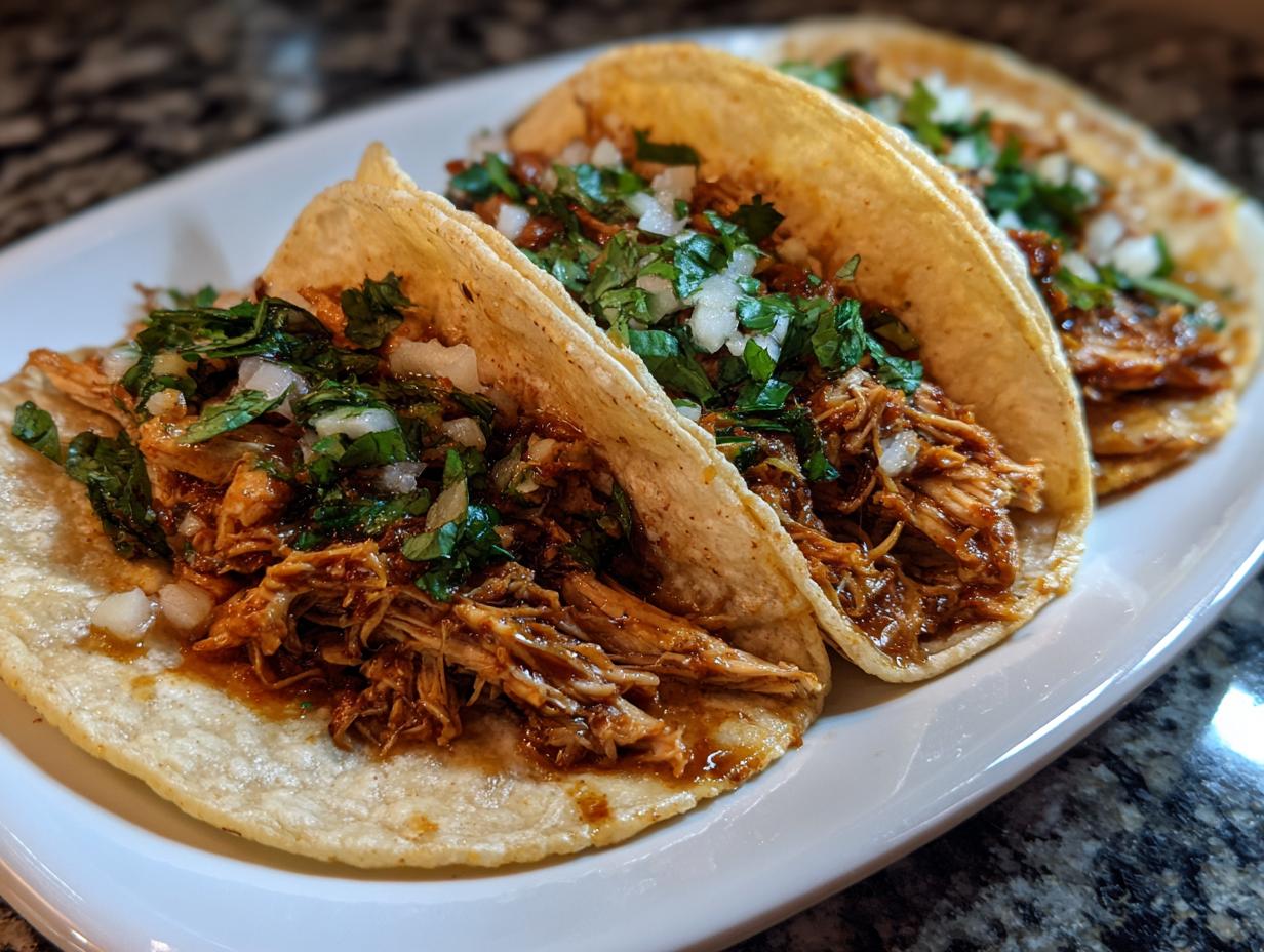 Three delicious chicken tacos filled with shredded meat, topped with fresh cilantro and diced white onion, ready to eat.
