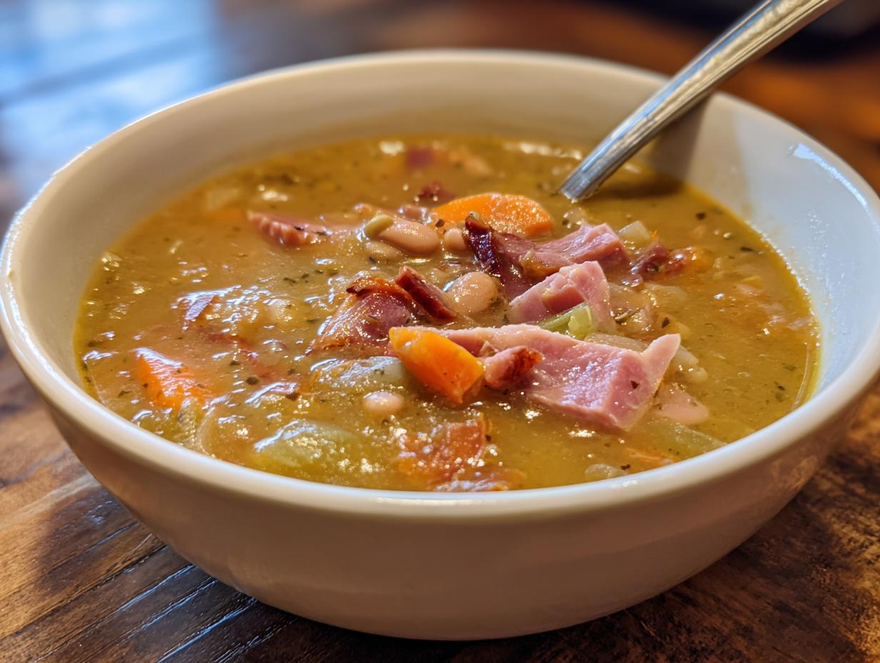 Close-up of a white bowl filled with rich, thick ham and bean soup, featuring chunks of ham and carrots.