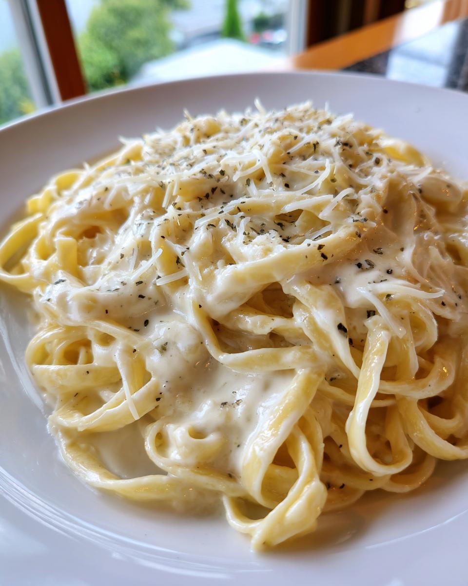 Close-up of fettuccine pasta coated in creamy homemade alfredo sauce, topped with grated Parmesan and herbs.