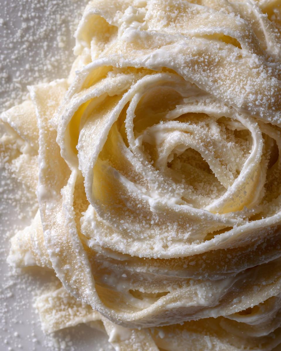 Close-up of fettuccine pasta coated generously in creamy homemade alfredo sauce and grated Parmesan cheese.