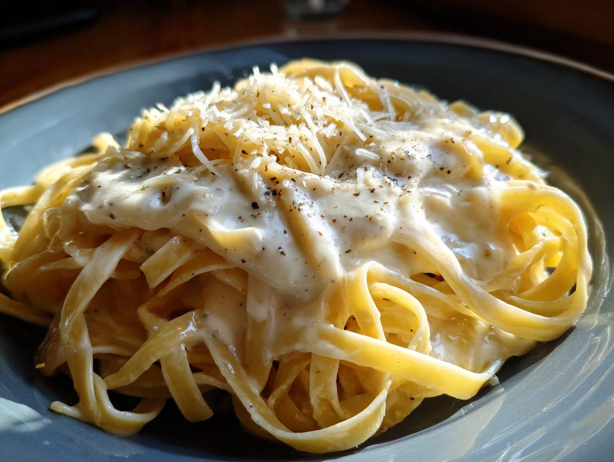 Close-up of fettuccine pasta generously coated in creamy homemade alfredo sauce, topped with grated Parmesan and black pepper.