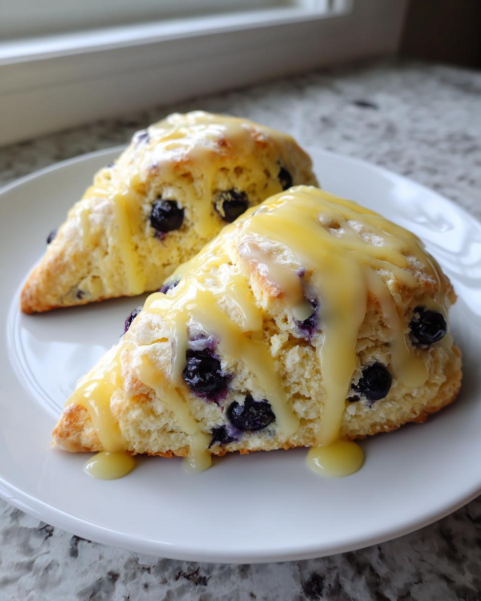Two flaky blueberry scones topped with a thick, yellow lemon glaze, served on a white plate.