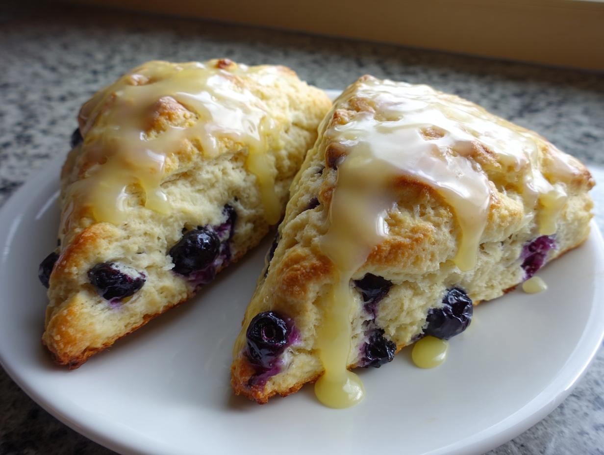 Two triangular blueberry scones generously topped with a thick, dripping lemon glaze, served on a white plate.