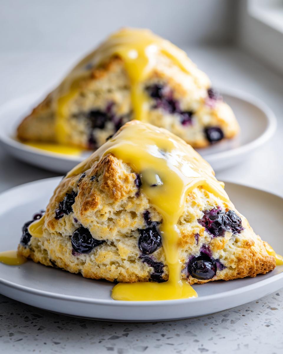 Close-up of a flaky blueberry scone topped with thick, dripping lemon glaze on a light gray plate.