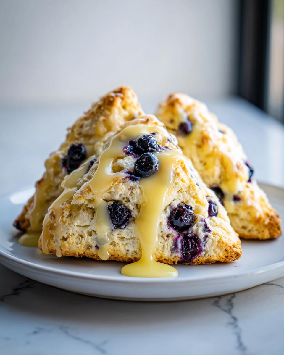 Three flaky blueberry scones topped with a thick, dripping lemon glaze, served on a white plate.