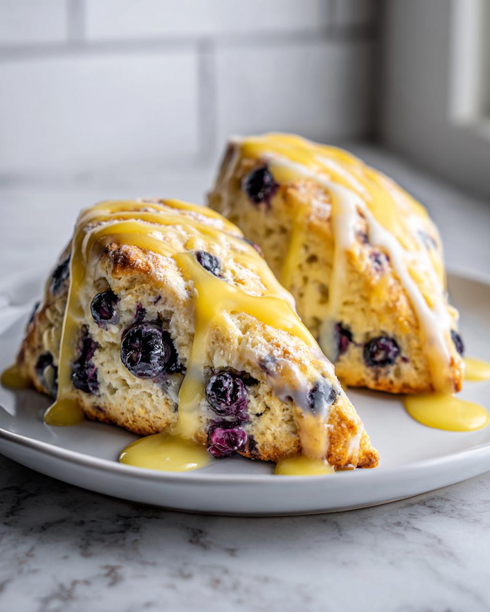 Two triangular blueberry scones drizzled generously with lemon glaze, sitting on a white plate.