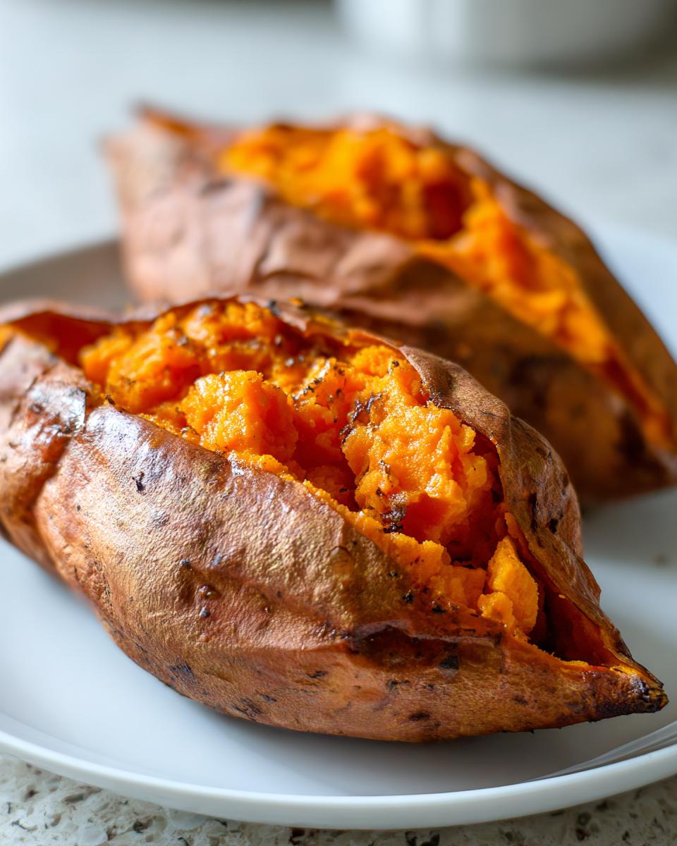 Close-up of two fluffy baked sweet potatoes split open, showing bright orange flesh seasoned with pepper.