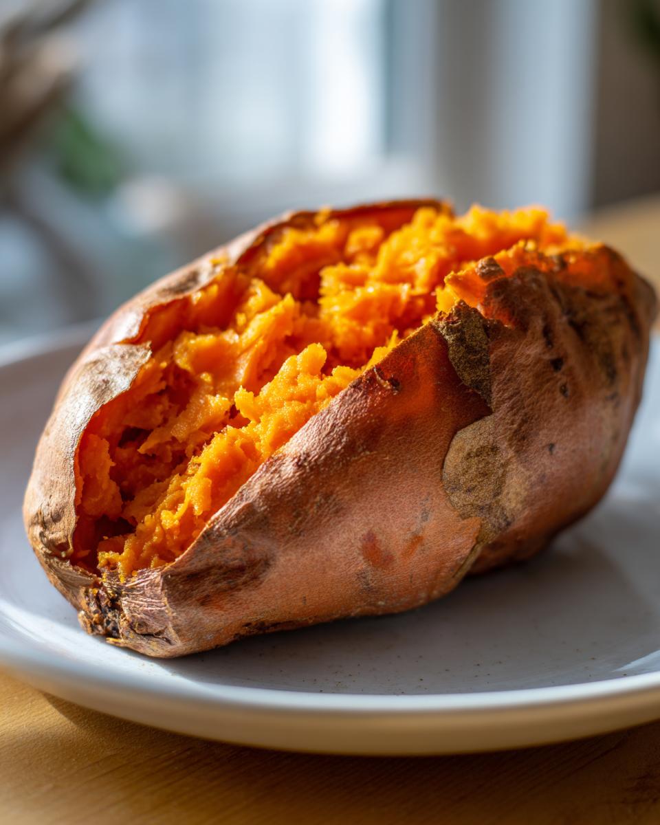 Close-up of a perfectly baked sweet potatoes, split open to show the bright orange, fluffy interior.