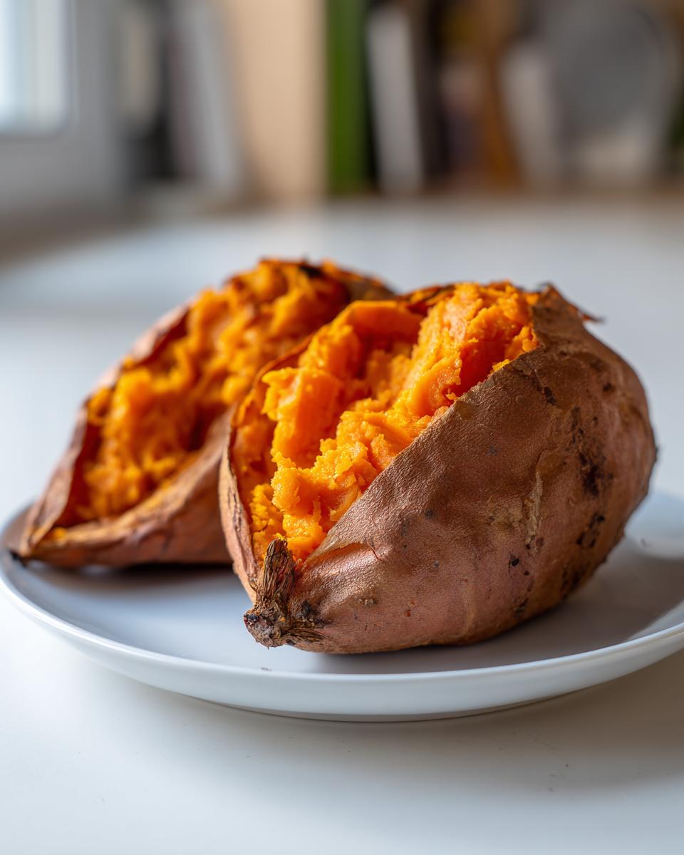 Two perfectly baked sweet potatoes split open to show the fluffy, bright orange interior.