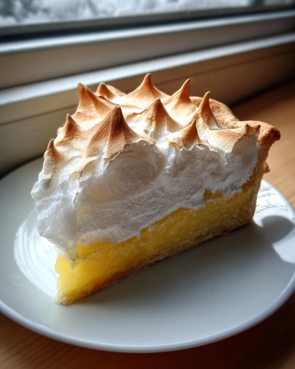 A close-up slice of lemon meringue pie showing bright yellow filling and tall, beautifully torched meringue peaks.