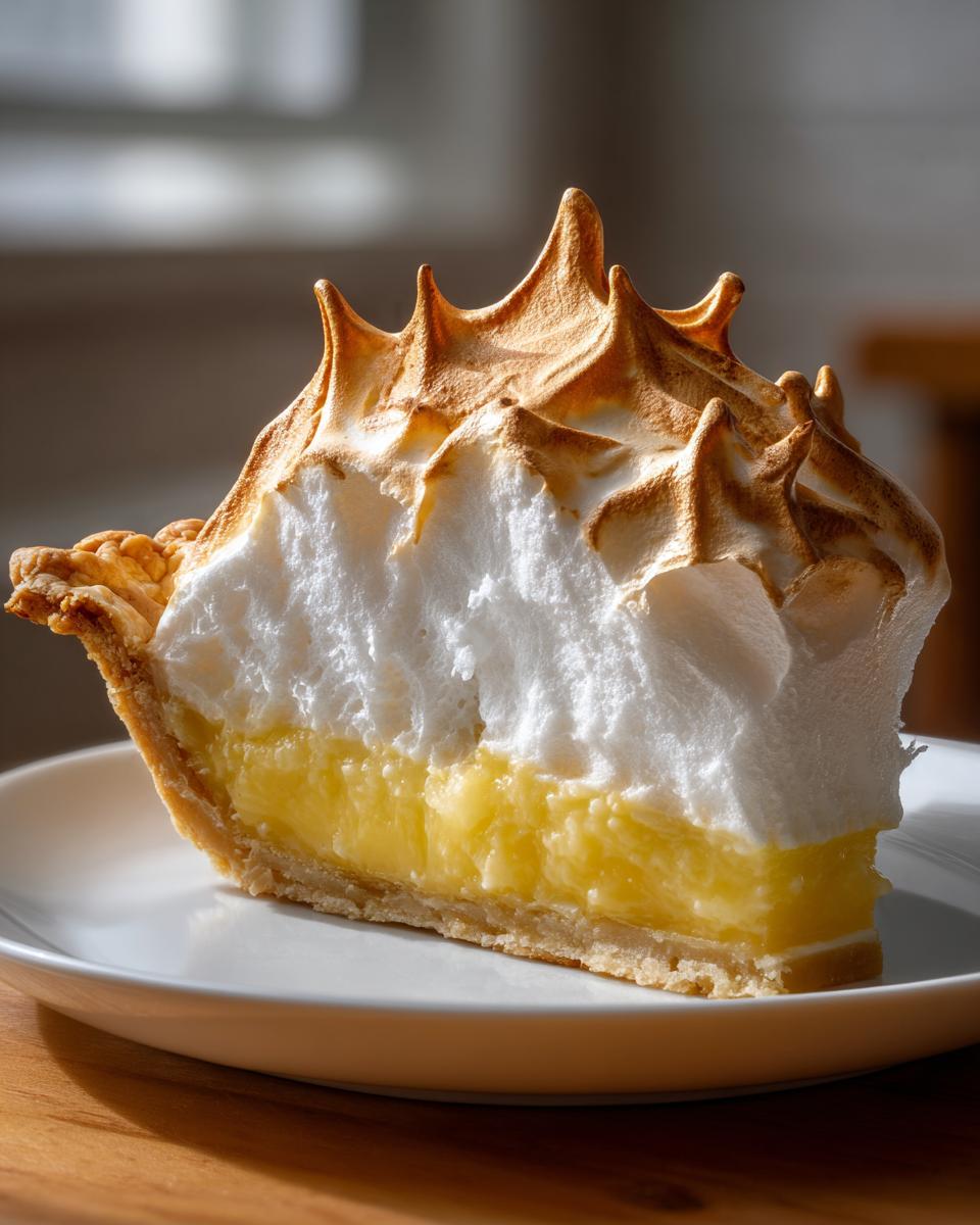 A close-up slice of lemon meringue pie showing thick lemon curd, crust, and tall, torched meringue peaks.