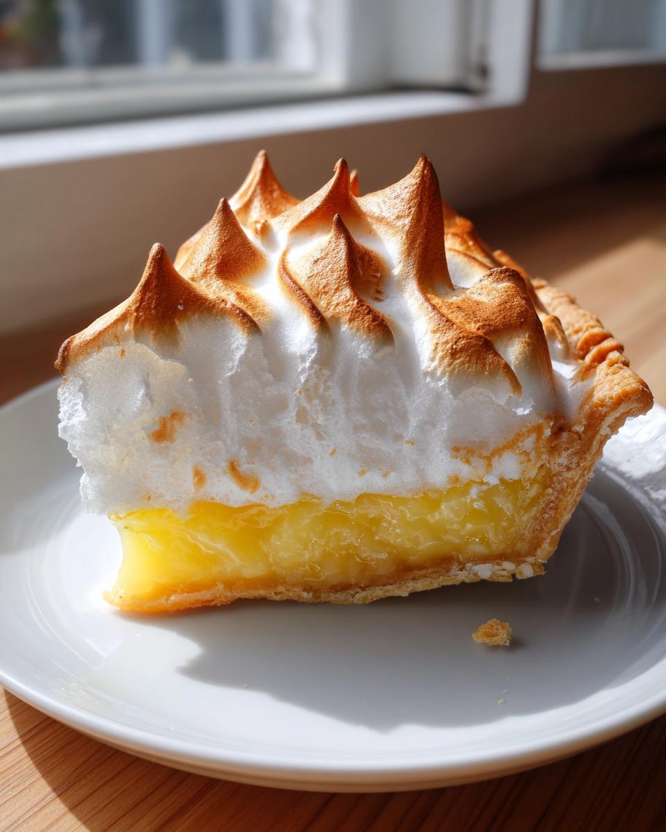 A close-up slice of lemon meringue pie showing bright yellow curd and tall, torched meringue peaks.