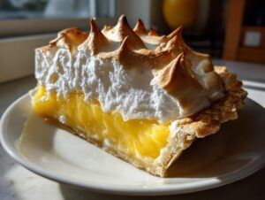 A close-up of a perfect slice of lemon meringue pie showing bright yellow filling and tall, torched meringue peaks.