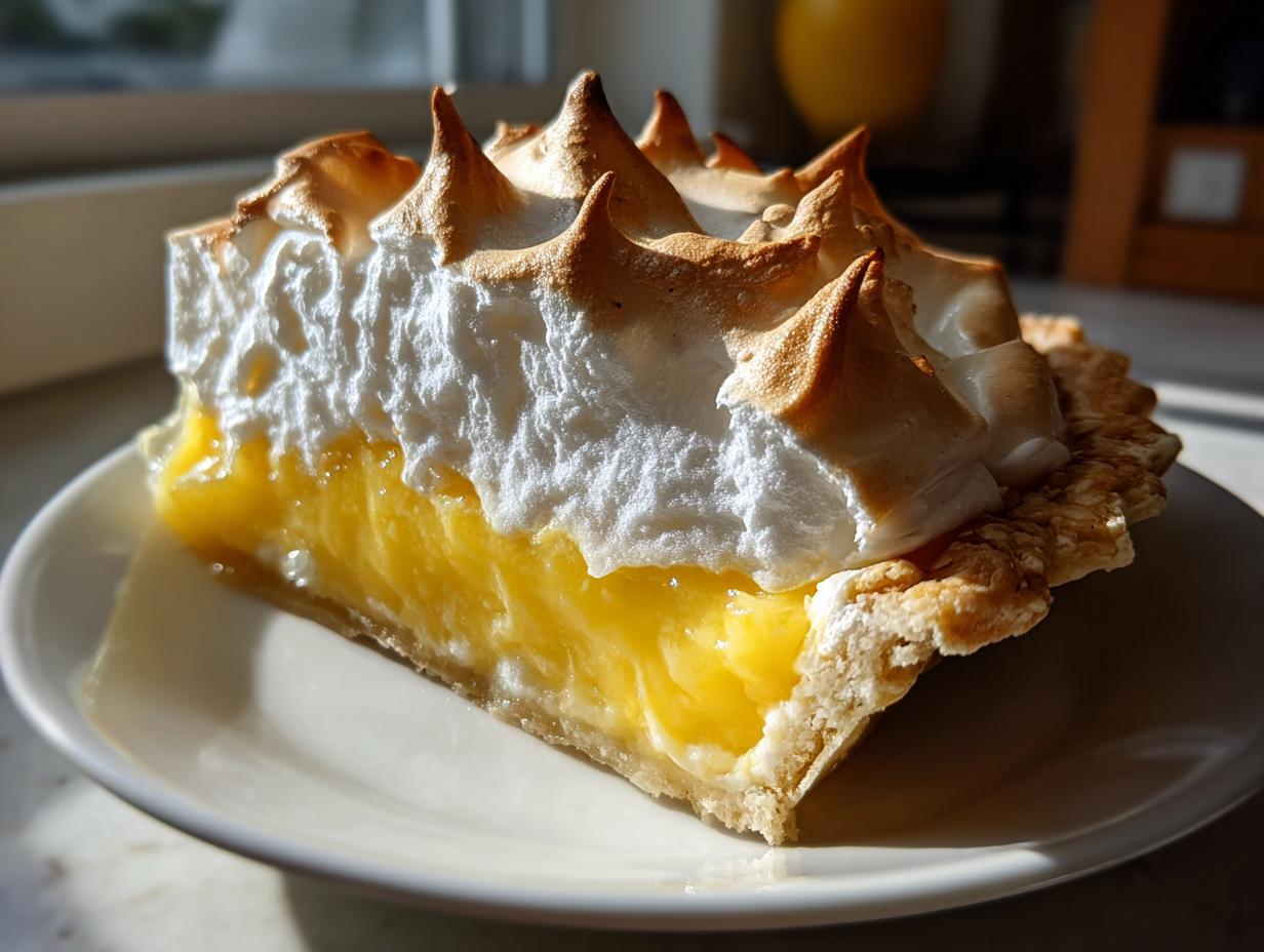 A close-up of a perfect slice of lemon meringue pie showing bright yellow filling and tall, torched meringue peaks.