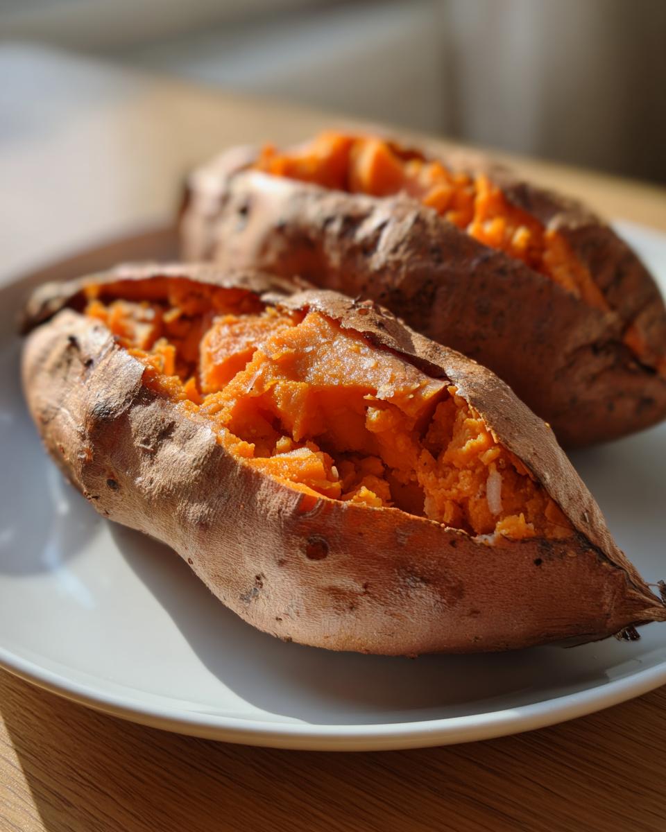 Two perfectly cooked baked sweet potatoes, split open to show the fluffy orange interior.