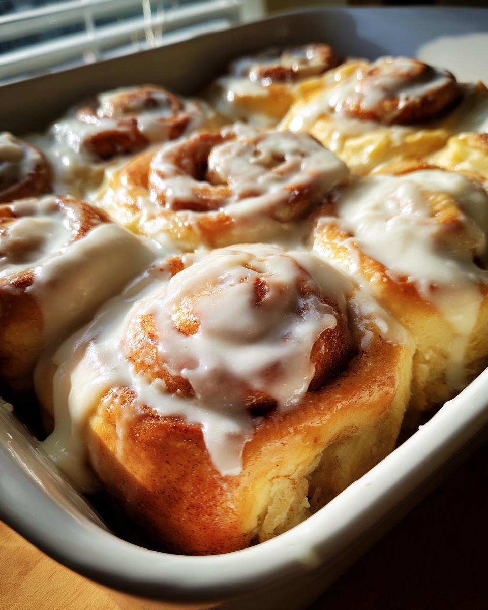 A close-up view of several freshly baked, fluffy cinnamon roll pastries covered in thick white icing in a white baking dish.