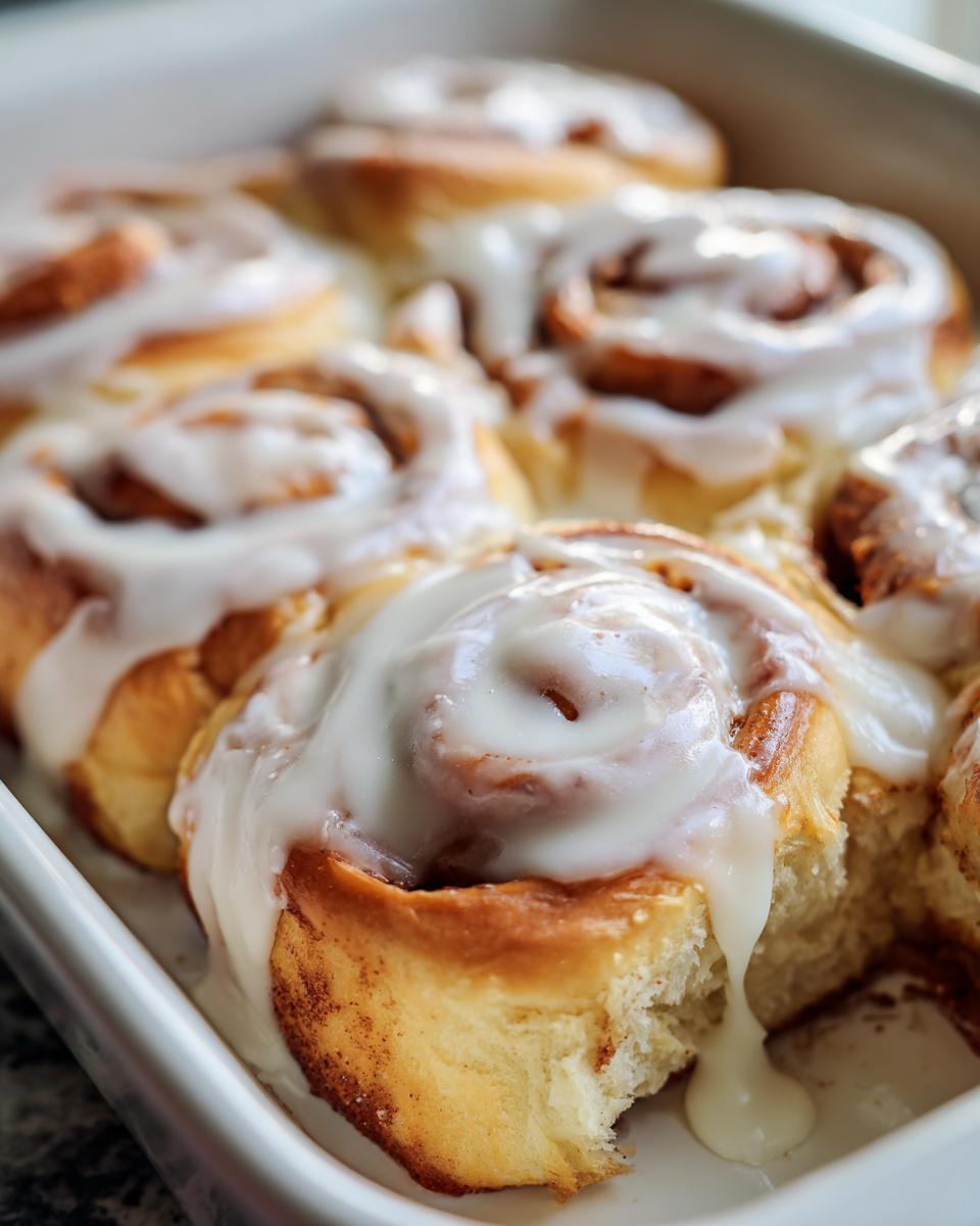 Close-up of freshly baked, fluffy cinnamon roll topped generously with dripping white icing.