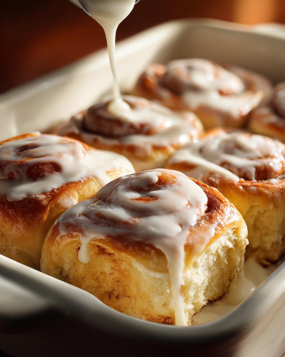A close-up of freshly baked cinnamon roll rolls being generously covered with white cream cheese icing.