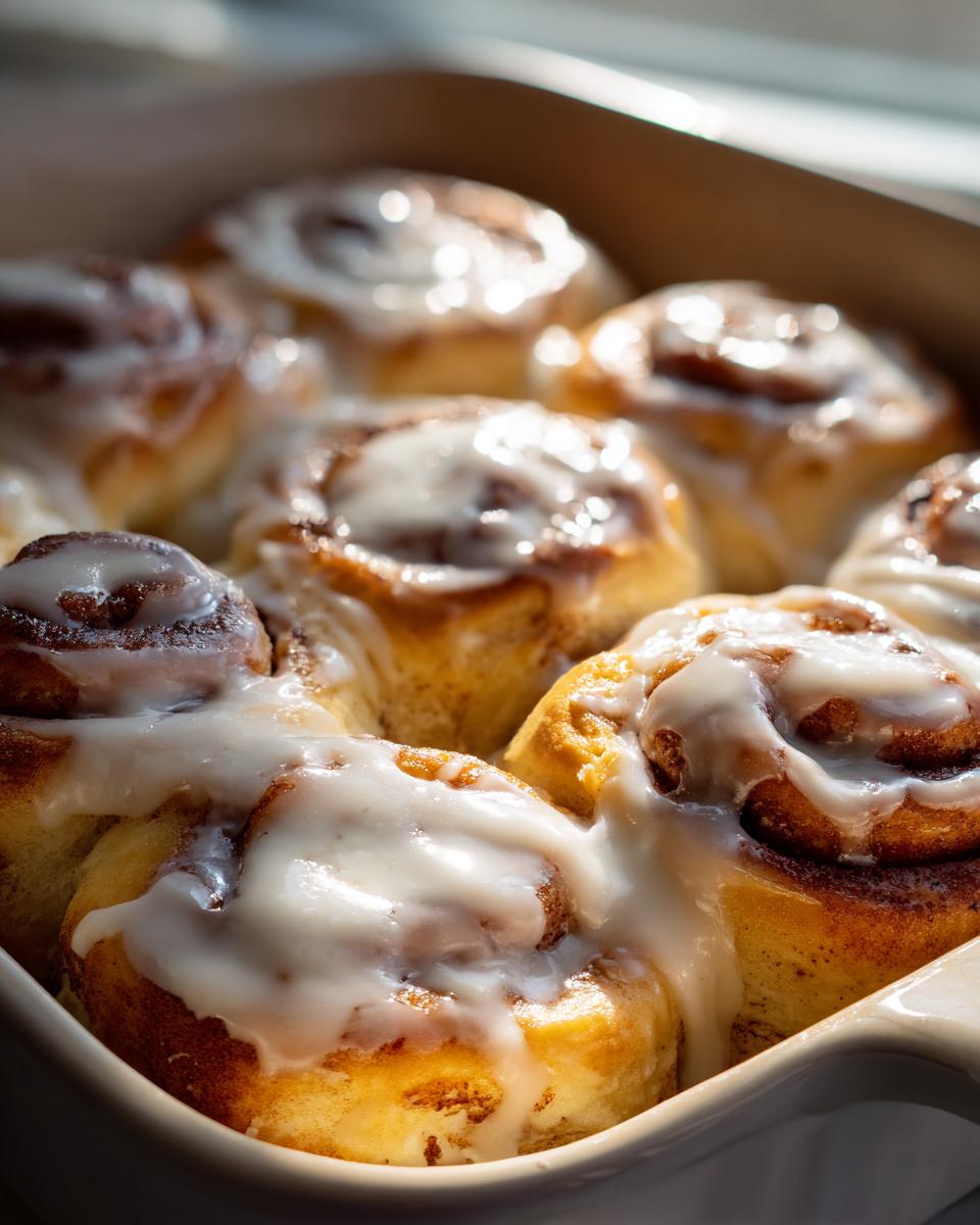 Close-up of freshly baked, fluffy cinnamon rolls covered in thick white icing.