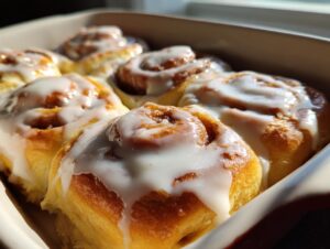 Close-up of freshly baked, fluffy cinnamon rolls topped with thick white icing in a baking dish.