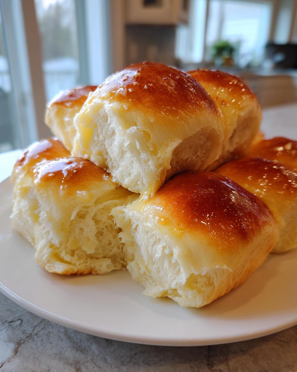 A stack of incredibly soft, pull-apart dinner rolls with a shiny, golden-brown glaze, showcasing their fluffy interior.